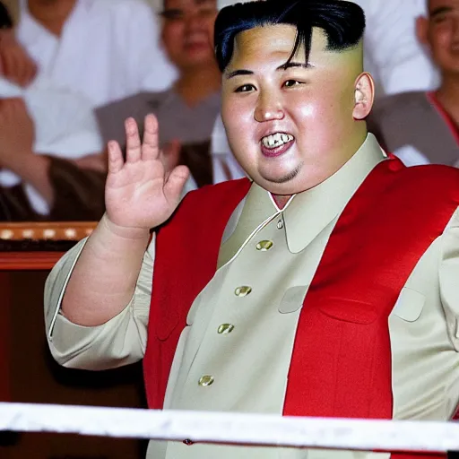 Image similar to Kim Jong Un playing ping pong and being really happy, photorealistic