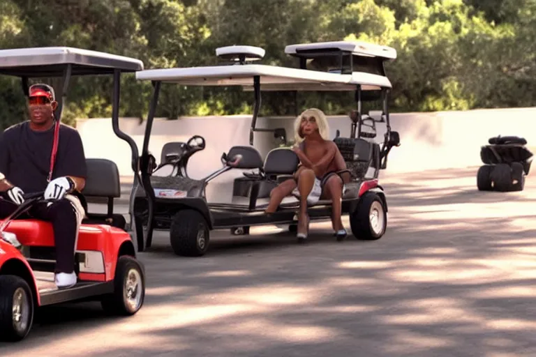 Prompt: dennis rodman driving a golf cart, movie still, from the new gone in 6 0 seconds movie, 8 k, hd, cinematic lighting