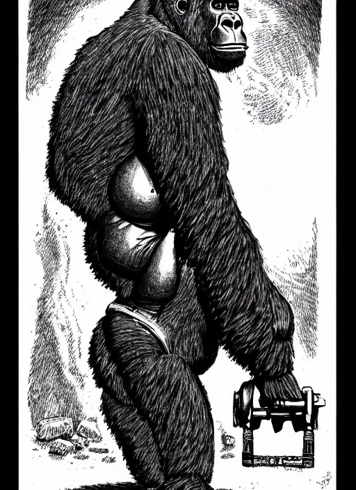 Prompt: a gorilla wearing a space helmet, as a d & d monster, full body, pen - and - ink illustration, etching, by russ nicholson, david a trampier, larry elmore, 1 9 8 1, hq scan, intricate details, inside stylized border