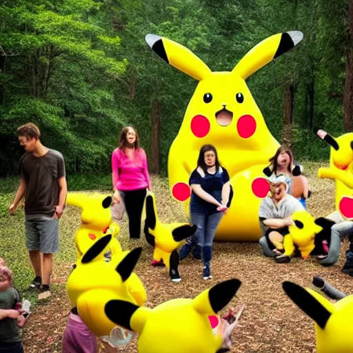 Image similar to photograph of a group of people worshipping a giant pikachu in a forest