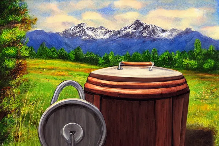 Image similar to a keg with mountain views, digital art