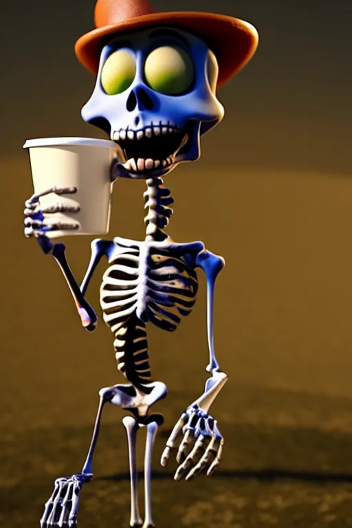 Image similar to a funny skeleton character with big eyes holding a cup of coffee on a cemetery at night. pixar disney 4 k 3 d render movie oscar winning trending on artstation and behance. ratatouille style.