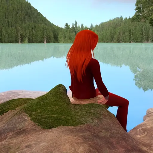 Image similar to redhead elf sitting next to a beautiful lake at dawn, , 8k ultra realistic, award winning, unreal engine 5, masterpiece