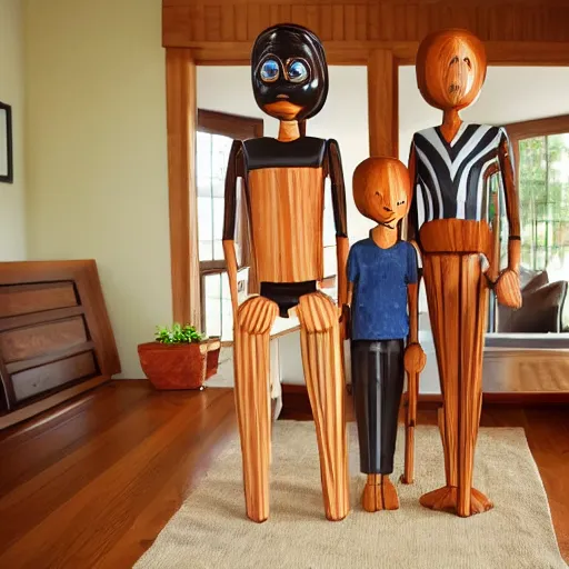 Prompt: a real estate home interior photo. a wooden mannequin family,