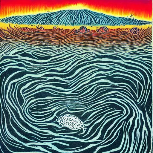 Prompt: weird fishes at the bottom of the earth, by stanley donwood, surrealist painting, layered texture, shimmering