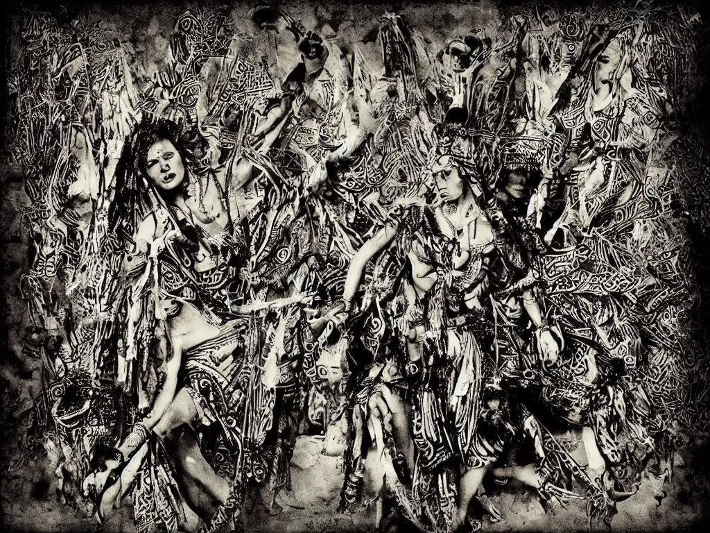 Image similar to surreal, tribal dance, art by mirella stern, mark fredrickson, dali, grunge filter effect