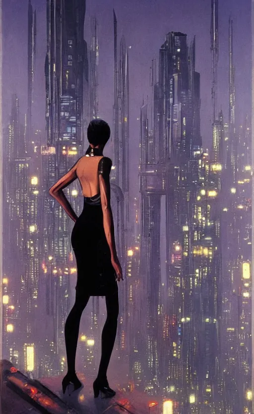 Image similar to an elegant Black woman in dress and heels, her back is to us, looking at a futuristic Blade Runner city, by Robert McGinnis