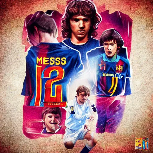 Image similar to messi, stranger things cover art, art by stephen bliss