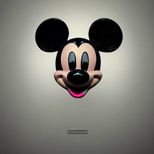 Image similar to mickey mouse head, fractal, broken, 1975, wet, mycelium, radiant alien, rococo, baroque, automotive, bio-mechanical, porcelain, iridescent, sub surface scattering, octane render