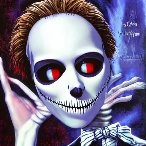 Prompt: macaulay culkin is jack skellington in a nightmare before christmas, airbrush art, drew struzan illustration art, key art, movie poster