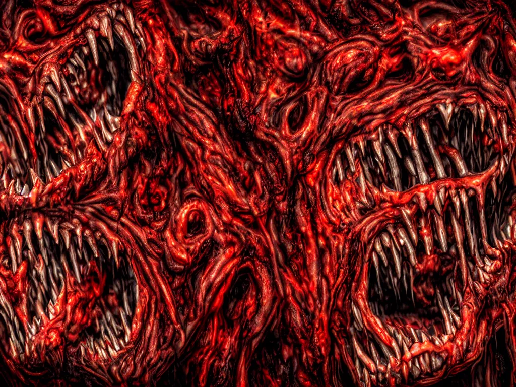 Image similar to twisted demonic creatures screaming, sun dripping liquid blood in the background, horror, hellish, grotesque, visceral, monstrosity, accursed, insanity, nightmare, High Definition detail, 8K