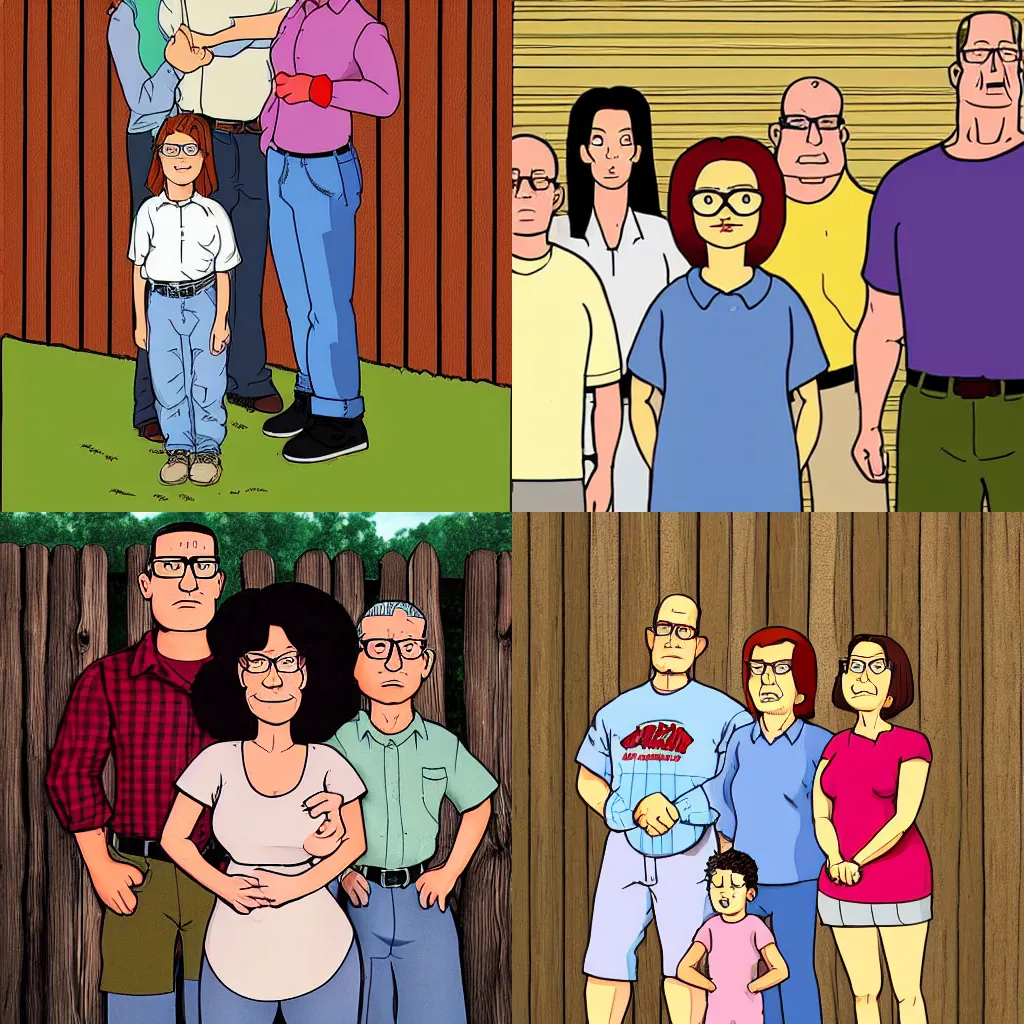 Prompt: portrait of family of three, hank hill, peggy hill, bobby hill, standing in front of a wooden fence, neutral expressions, art by mike judge
