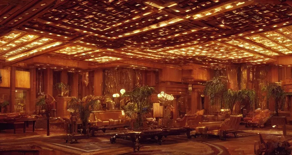 Prompt: An establishing shot from a 2021 Marvel film of the interior of an opulent a fantasy palace designed by Frank Lloyd Wright. Incredibly beautiful.