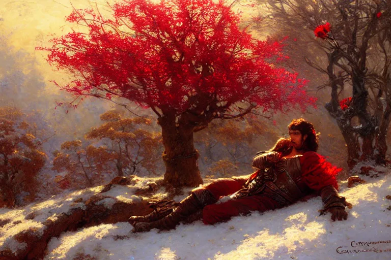 Image similar to winter, a male warrior relaxing under a huge tree with red flowers, ground covered with snow, extreme long shot, fantasy, painting by gaston bussiere, craig mullins, j. c. leyendecker, trending on artstation