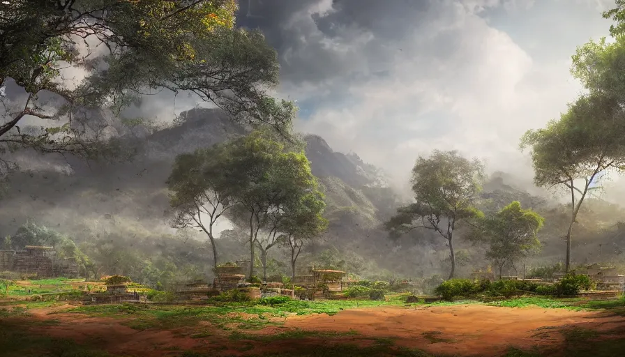 Prompt: matte painting of a beautiful dvaravati village, digital art, trending on artstation