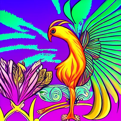 Image similar to phoenix salt bird round composition rebirth orange purple symbolism swirl tail feather graphic design Egyptian style