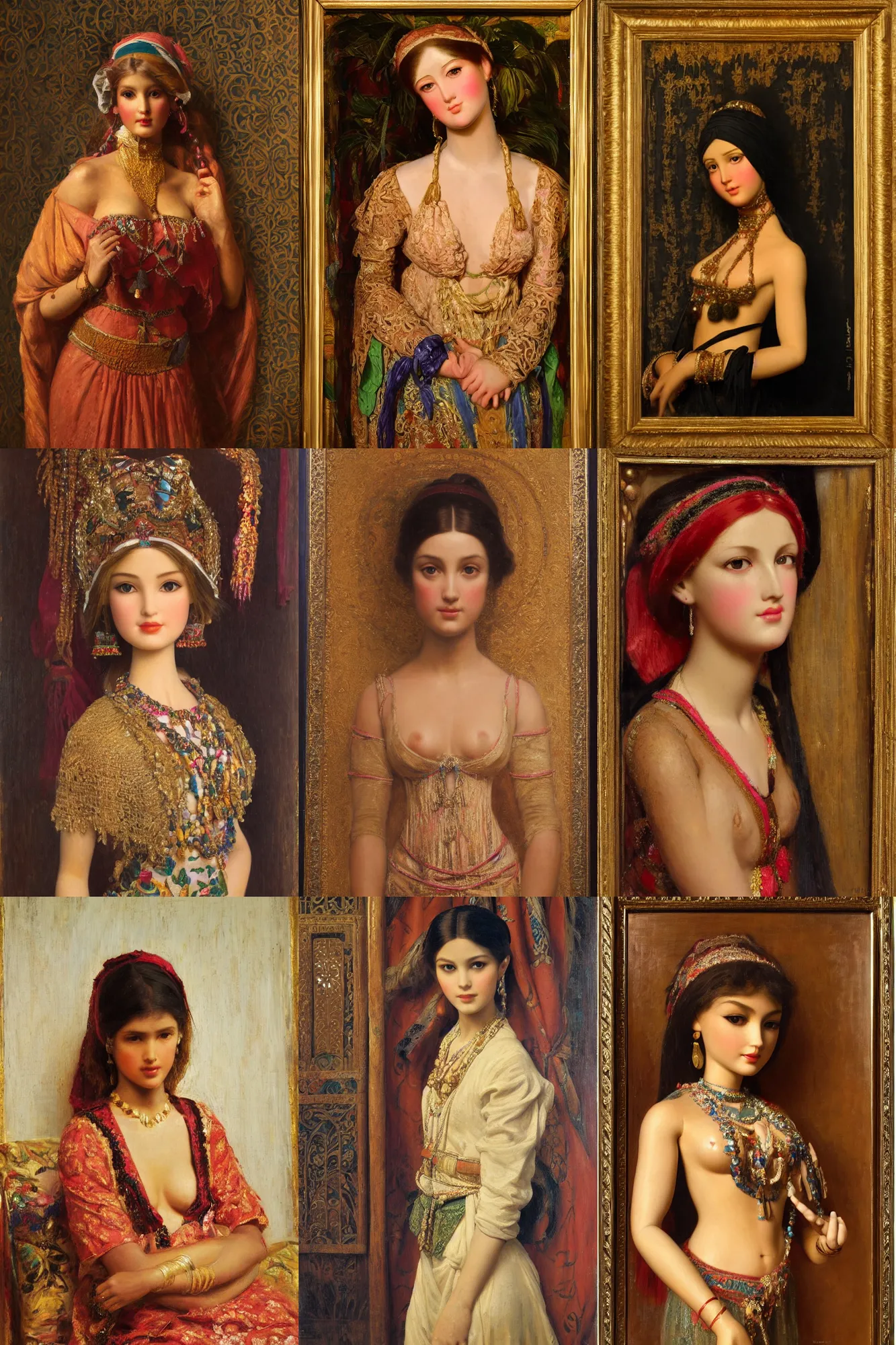 Prompt: orientalism painting of a barbie doll by edwin longsden long and theodore ralli and nasreddine dinet and adam styka, portrait en buste, masterful intricate art. oil on canvas, excellent lighting, high detail 8 k