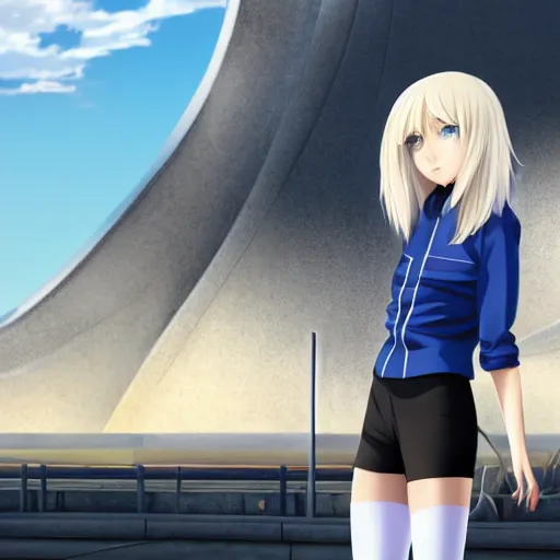 Image similar to aristocratic platinum - blonde - haired long bob cut blue - eyed princess wearing white leggings and black jacket, standing next to communist monument, anime, hd anime wallpaper, hyperrealistic lighting, drawn by artgerm