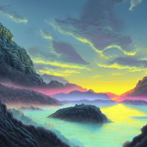 Image similar to Highly detailed landscape during sunset in the style of Jim lee, 4k