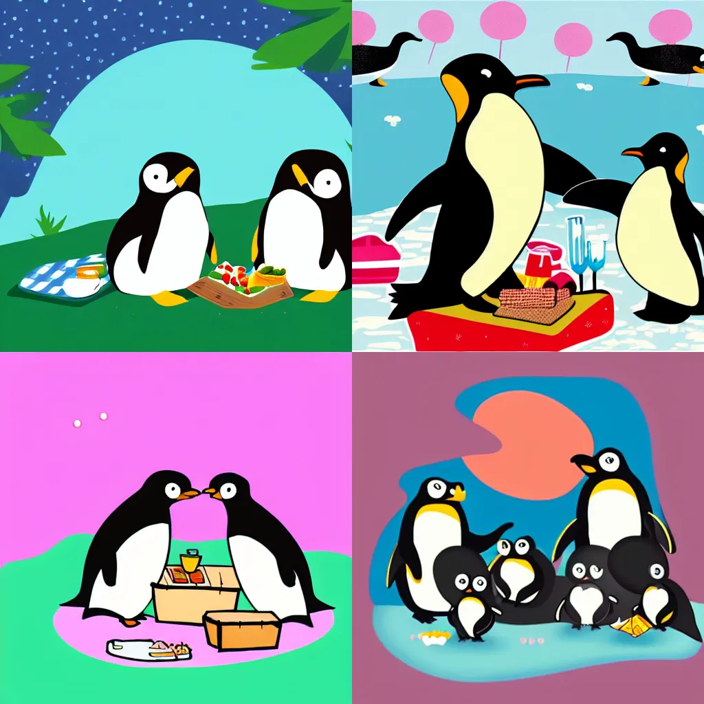 Prompt: a 2d illustration of penguins on a cute picnic date