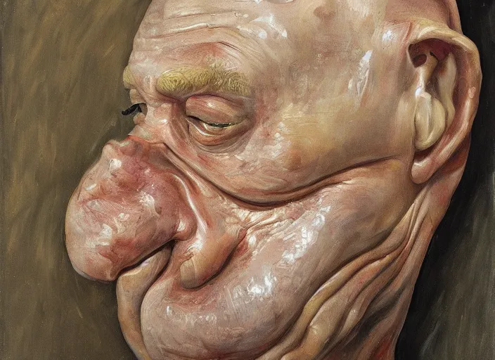 Image similar to Real life Homer Simpson, deceased in a casket, painted by Lucian Freud, highly detailed, 8k