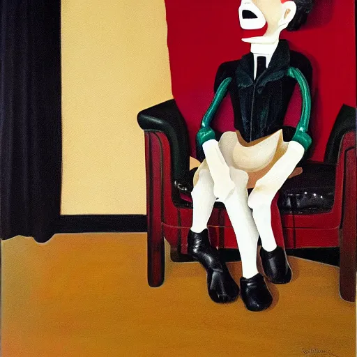 Prompt: oil painting of ventriloquist's dummy, sitting on chair with black leather seat, gold theater tragedy mask on floor, black curtains in background, by paula rego