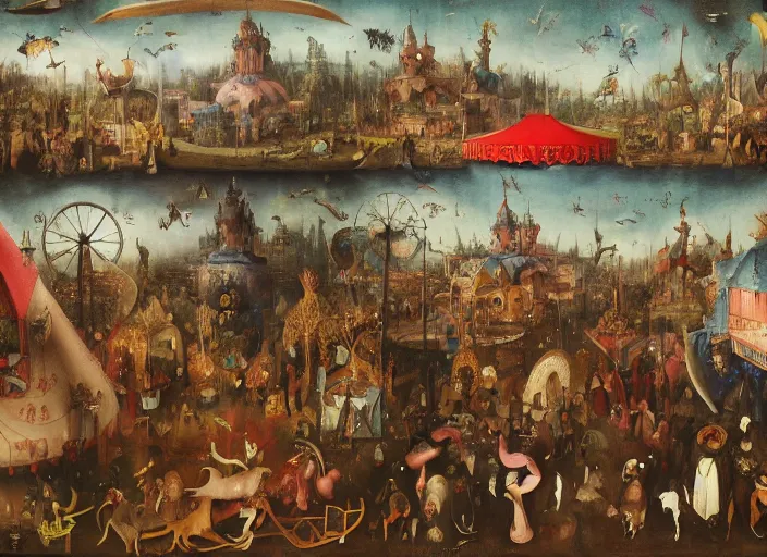 Image similar to highly detailed matte painting, colorful, of a haunted circus with ferris wheel, roller coaster, tents, animals by hieronymus bosch, joel peter witkin, annie liebovitz, gustave dore 8 k