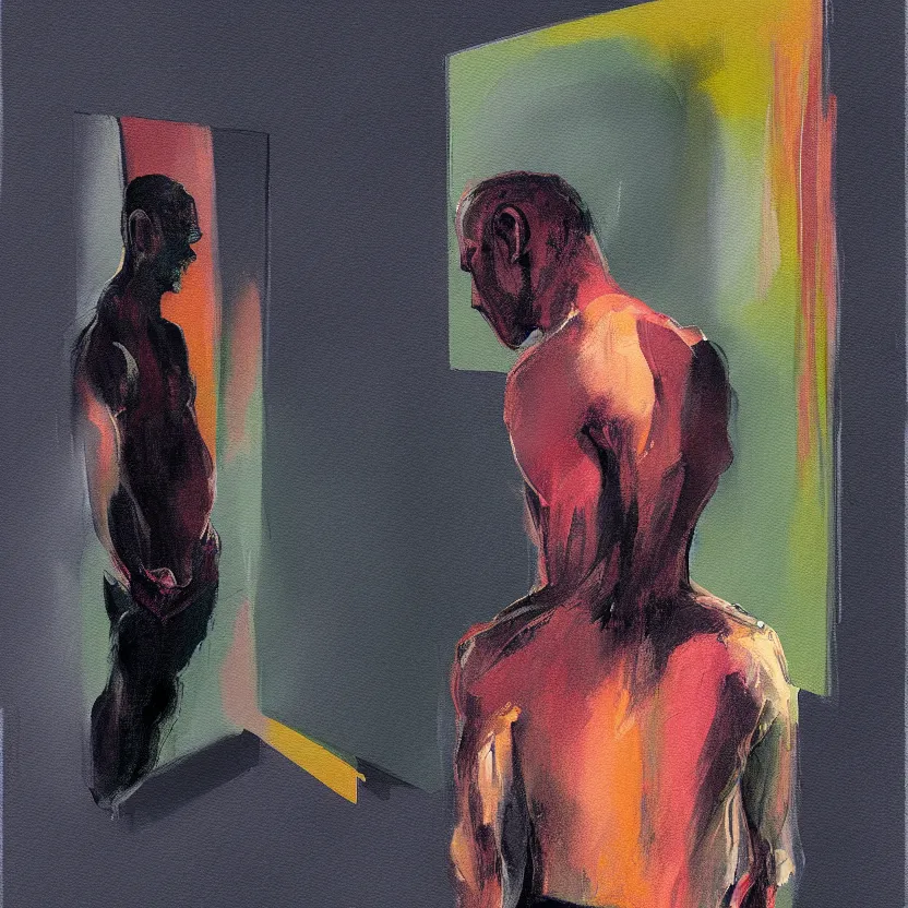 Image similar to a painting of a man standing in front of a mirror in a dark void ambient, a gouache by nathan oliveira and elaine de kooning, cgsociety, figurativism, dark surreal art, painterly, paint strokes, smudged paint, palette knife texture, pencil scribles, digital illustration, artstation