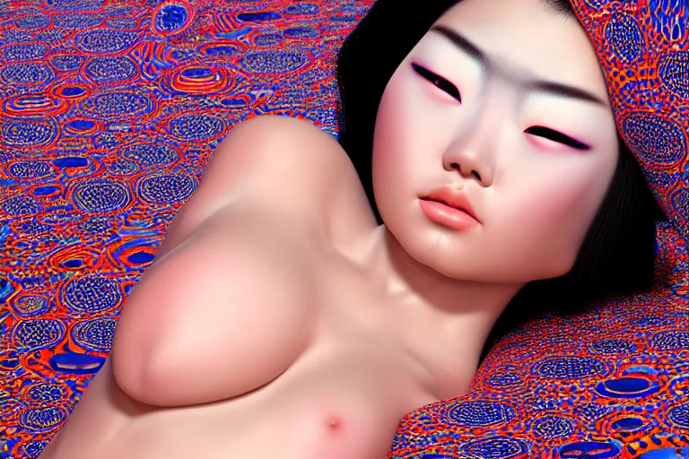 Image similar to hyperrealistic detailed image of a geisha laying in a art installation room, minimal psychedelic background by yayoi kusama, part by kei mieno, part by alex gray, part by ross tran, part by james jean, ultra realistic, highly detailed, life like face, detailed body, 8 k, octane render, trending on artstation, very cohesive, masterpiece