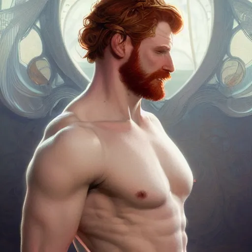 Image similar to beautiful natural middle aged male ginger god wearing a white perizoma, intricate, elegant, highly detailed, digital painting, artstation, concept art, smooth, sharp focus, illustration, art by artgerm and greg rutkowski and alphonse mucha and loish and WLOP