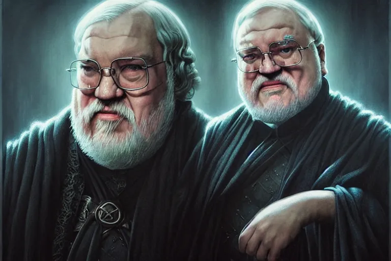 Image similar to poster portrait of george r r martin as a maester in “ game of thrones ” ( 1 9 8 4 ). artwork, 4 k digital art, neon, 8 0's style tomasz alen kopera, peter mohrbacher, donato giancola, boris vallejo, drew struzan hyperrealistic oil painting, gothic horror, frank frazetta