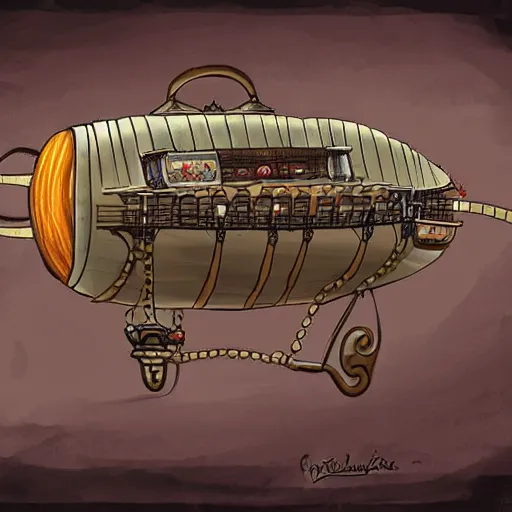 Image similar to a concept art of a steampunk airship with a shape of an hot dog