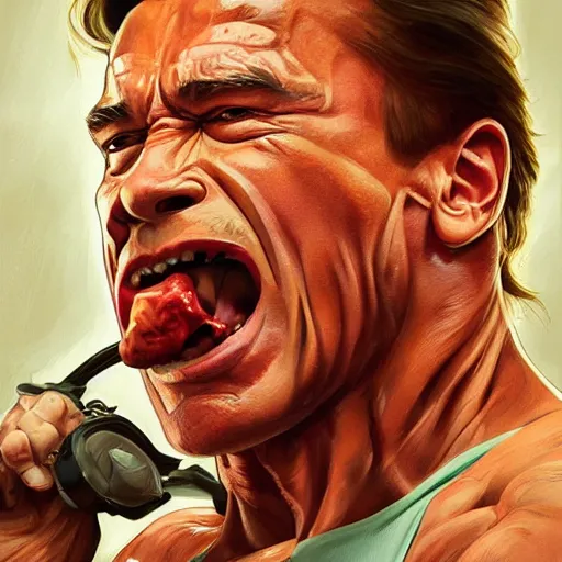 Image similar to portrait of arnold schwarzenegger opening his mouth to eat pizza, highly detailed, digital painting, artstation, concept art, sharp focus, illustration, art by artgerm and greg rutkowski and alphonse mucha