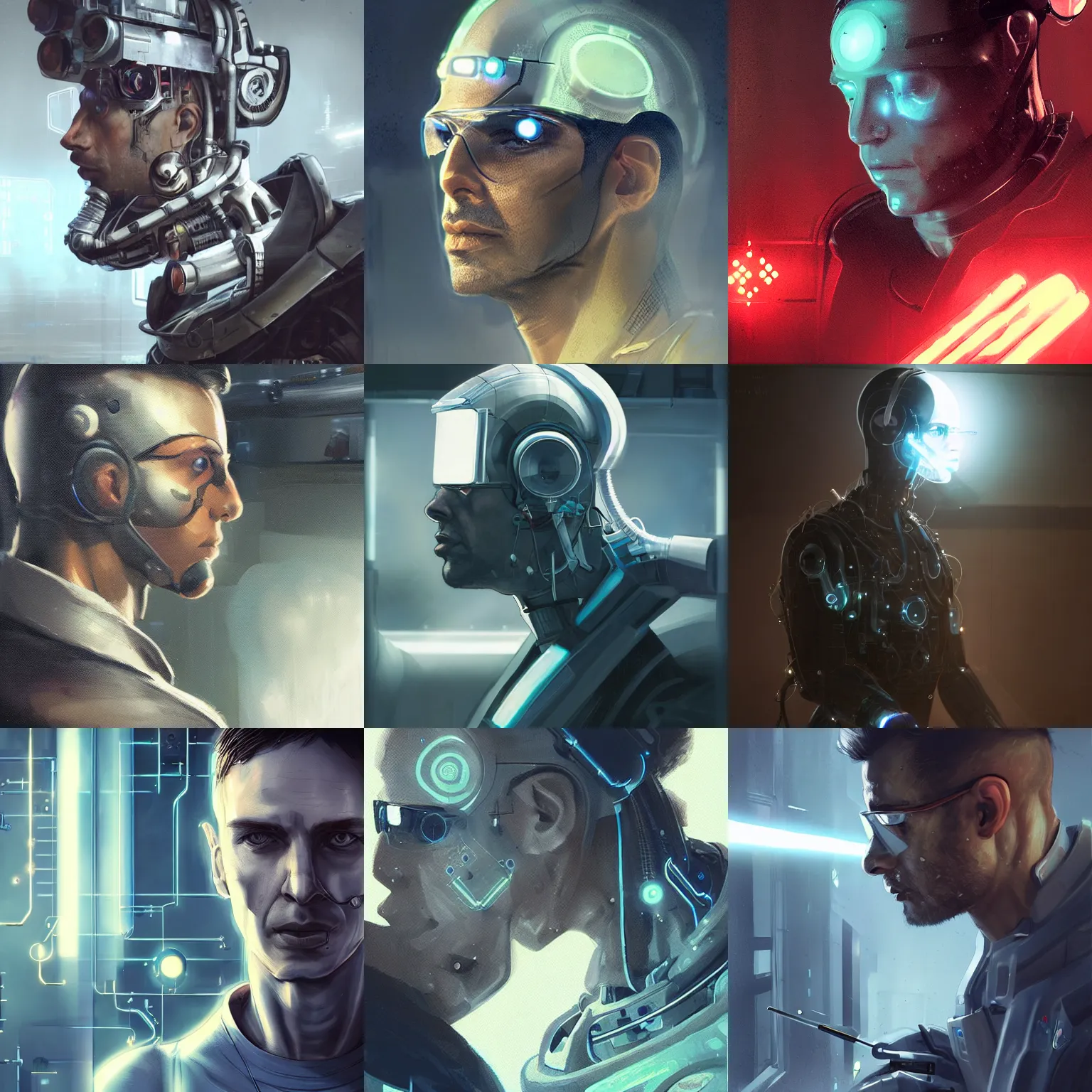 Prompt: a laboratory operator man with cybernetic enhancements, scifi character portrait by greg rutkowski, daytoner, cinematic lighting, dystopian scifi gear, profile picture, cyborg