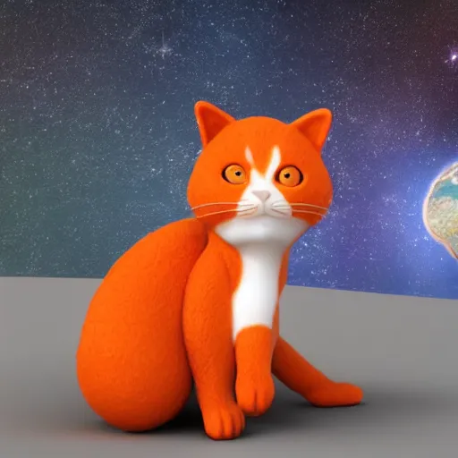 Prompt: A fuzzy orange cat sitting on planet earth, space with stars in the background, trending on artstation, 3D render