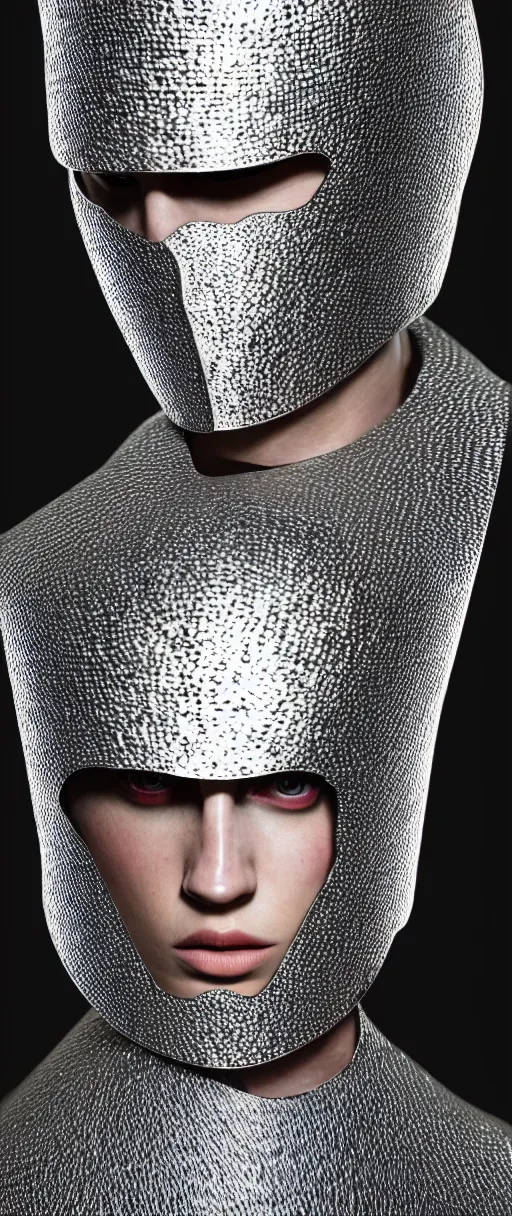 Image similar to hyperrealist highly detailed portrait of high fashion warrior wearing reflective mirror mirrored reflection armor, concept art pascal blanche dramatic studio lighting 8k wide angle shallow depth of field