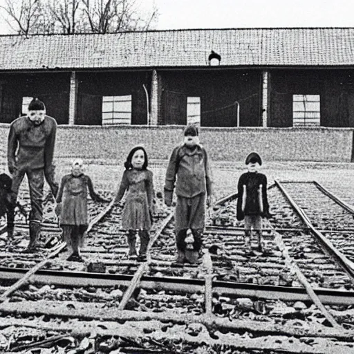 Image similar to the most creepy family photo of robots, 200mm lens, post apocalyptic, sadness, depression, screaming, crying, auschwitz camp