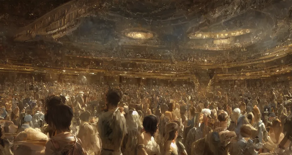 Image similar to craig mullins and ghibli digital art of inside the grand theater, many audience, on the stage, masked female violinists, exotic costumes, gold jewelry, black hair, solo performance unreal engine, hyper realism, realistic shading, cinematic composition, realistic render, octane render, detailed textures, photorealistic, wide shot