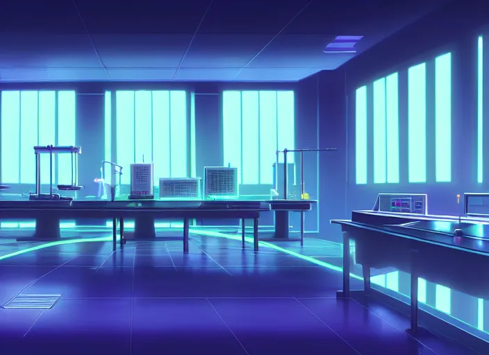 Image similar to a matte painting of a vast sci - fi lab, vaporwave aesthetic, toei animation background, sharp details, cinematic color grading, spooky, halloween