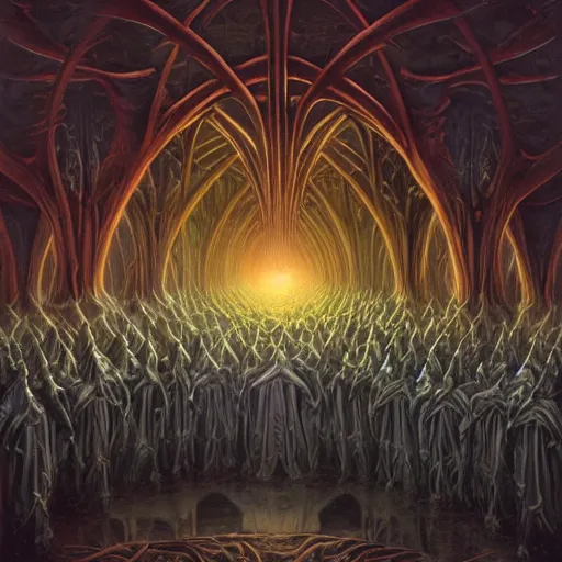 Image similar to a quantum computer surrounded by a dark cabal of multiple hooded elven mystics in long dark robes gathered in a circular formation, dan seagrave art, michael whelan