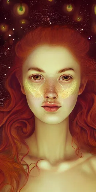 Image similar to young woman surrounded by golden firefly lights in a stunning scene, amidst nature fully covered by a intricate detailed dress, long red hair, precise linework, accurate green eyes, small nose with freckles, smooth oval shape face, empathic, bright smile, expressive emotions, hyper realistic ultrafine art by artemisia gentileschi, jessica rossier, boris vallejo