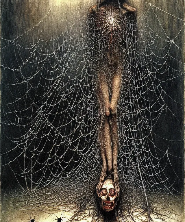 Prompt: a woman standing all covered in spiders. illustration of arachnophobia, fear of spiders, incredible number of spiders and bugs. extremely high details, realistic, horror, creepy, web, masterpiece, art by zdzislaw beksinski, arthur rackham, dariusz zawadzki