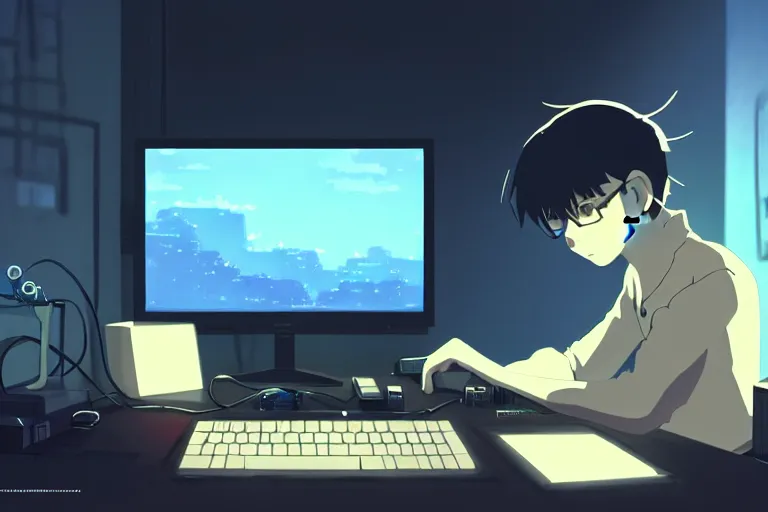 Image similar to a nerdy boy is programming at a computer in a room full of gadgets, screens all over the walls, by makoto shinkai and ghibli studio, dramatic lighting, highly detailed, incredible quality, trending on artstation