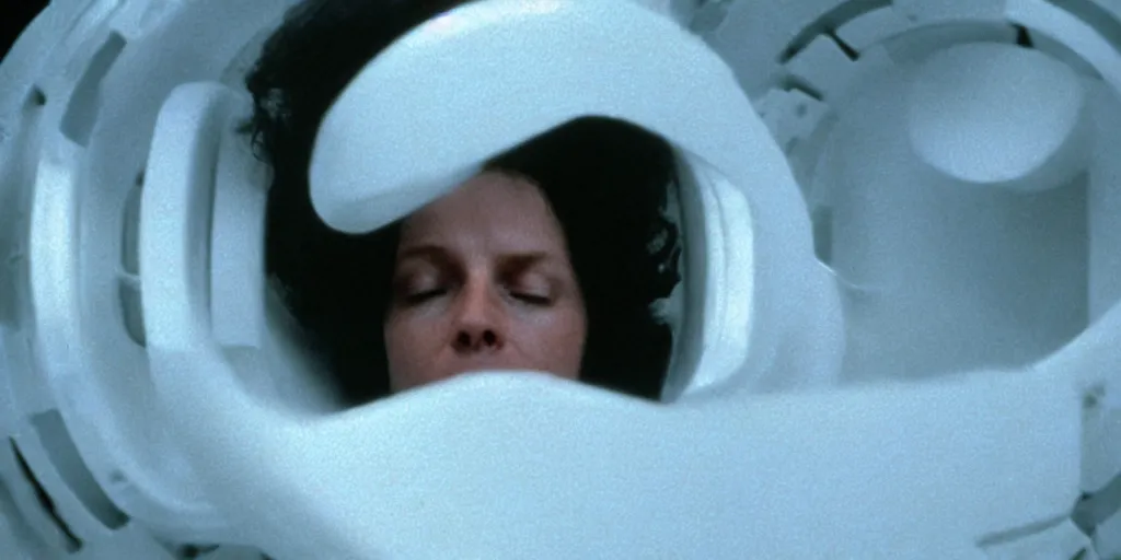 Image similar to a close-up of Ripley sleeping inside an all-white cryogenic sleeping capsule by Ridley Scott, Alien movie, grainy, bluish and cream tones