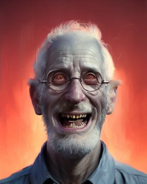 Prompt: epic portrait cinematic shot an crazy scientist smilling wide with wide eyes, creepy, old man, long sharp nose, sharp jaw, gray hair, fine details. night setting. realistic shaded lighting poster by craig mullism, artgerm, jeremy lipkin and michael garmash, unreal engine, radiant light, detailed and intricate environment, digital art, trending on art station,