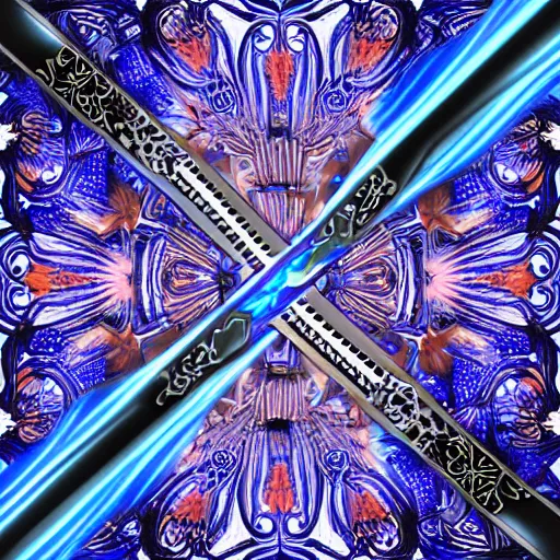 Image similar to magical katana with blue flames running up and down the blade, digital art, intricate design, vivid