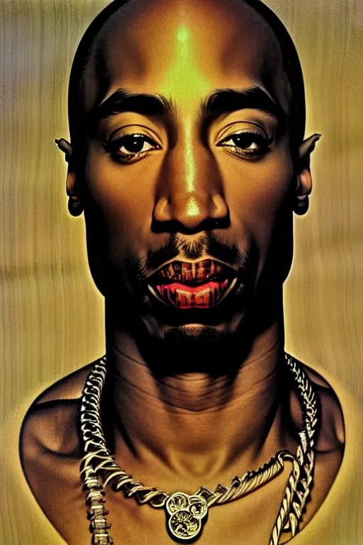 Image similar to tupac shakur portrait by gil elvgren and norman rockwell and rob gonsalves and hajime sorayama, hyperrealistic, high detail, ultra detailed, highly detailed face, ruffled fabric