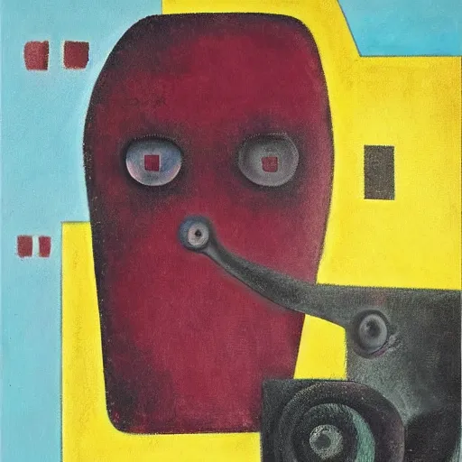 Image similar to Oil painting by Rufino Tamayo. Two mechanical gods with animal faces having a conversation. Oil painting by Lisa Yuskavage.