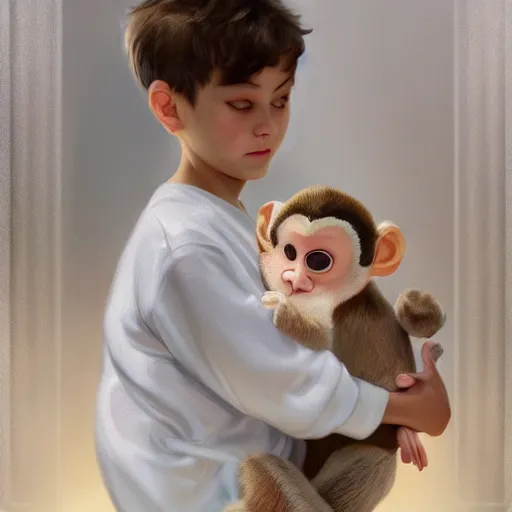 Prompt: young boy wearing white fabric pajama with cartoon paintings on it hugging a small monkey in his hands. highly detailed, digital painting, artstation, concept art, smooth and sharp focus, cg by tian zi and wlop and alphonse mucha