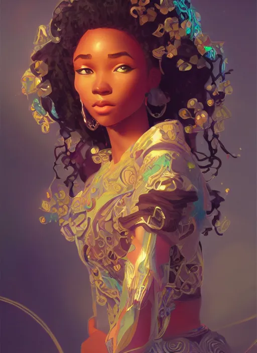 Prompt: beautiful black girl, cute, intricate, highly detailed, digital painting, trending on artstation, concept art, smooth, sharp focus, backlit, rim light, vivid colors, illustration, unreal engine 5, 8 k, art by rossdraws and alphonse mucha